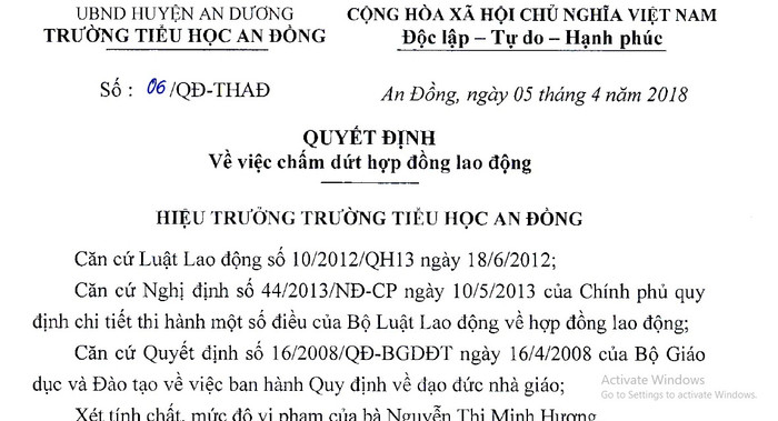 Quyết định chấm dứt hợp đồng lao động đối với bà Nguyễn Thị Minh Hương (Ảnh: Công thông tin điện tử huyện An Dương) Quyết định chấm dứt hợp đồng lao động đối với bà Nguyễn Thị Minh Hương (Ảnh: Công thông tin điện tử huyện An Dương)