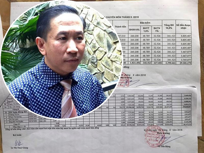 Tiến sĩ Lê Bá Chí Nhân và Bản thanh toán tiền lương hợp đồng tháng 9/2018 tại Trường Trung học phổ thông Kỳ Lâm, Kỳ Anh. (Ảnh: H.L) Tiến sĩ Lê Bá Chí Nhân và Bản thanh toán tiền lương hợp đồng tháng 9/2018 tại Trường Trung học phổ thông Kỳ Lâm, Kỳ Anh. (Ảnh: H.L)