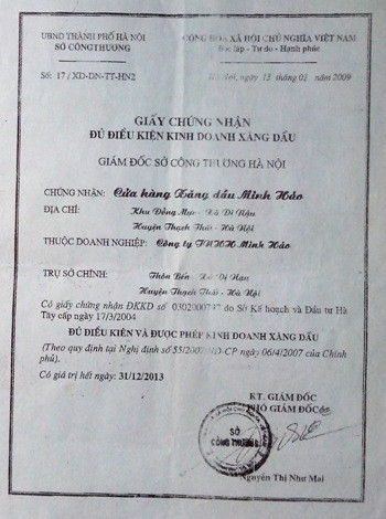 Giấy phép kinh xoanh xăng dầu của Công ty Minh Hảo đã hết hạn vào thời điểm ngày 31/12/2013.