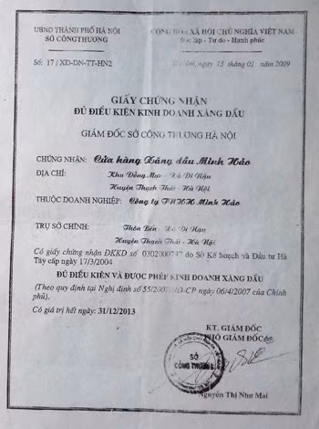 Giấy phép kinh xoanh xăng dầu của Công ty Minh Hảo đã hết hạn vào thời điểm ngày 31/12/2013.