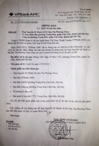Thông báo về việc xử lý tài sản đảm bảo của VPBank. Thông báo về việc xử lý tài sản đảm bảo của VPBank.