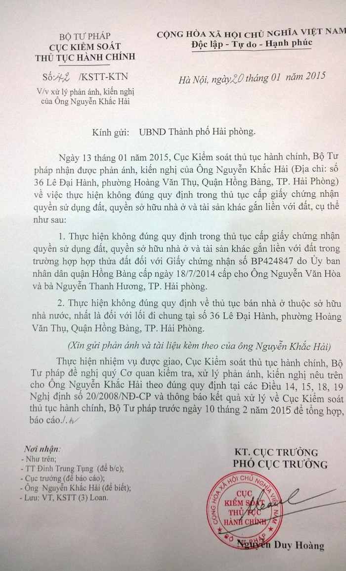 Đến nay, UBND TP.Hải Phòng vẫn chưa có thông báo về kết quả giải quyết đến Cục Kiểm soát thủ tục hành chính, Bộ Tư pháp.