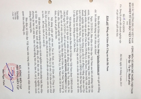 Công văn của Báo Giáo dục Việt Nam trình báo sự việc với Bộ Công an và Công an tỉnh Hà Nam. Công văn của Báo Giáo dục Việt Nam trình báo sự việc với Bộ Công an và Công an tỉnh Hà Nam.