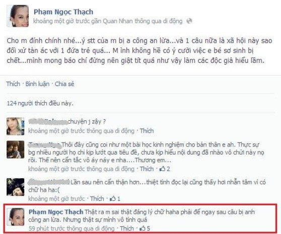 Ngọc Thạch đăng tải dòng trạng thái đính chính lại thông tin