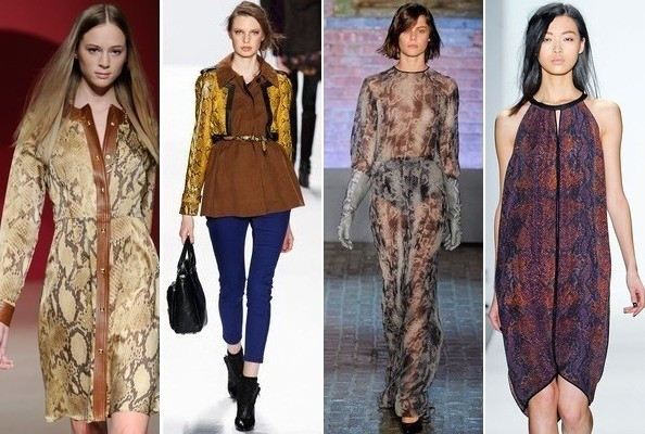 Phong cách thời trang in họa tiết da rắn xuất hiện ở cả chất liệu da và voan. Phong cách thời trang in họa tiết da rắn xuất hiện ở cả chất liệu da và voan.