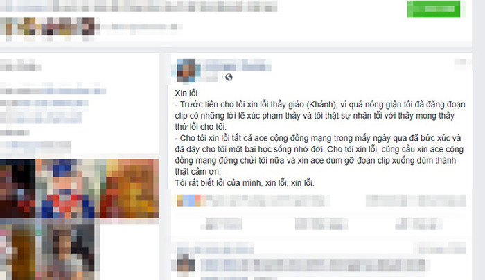 Dòng trạng thái của vị nữ phụ huynh chia sẻ trên mạng xã hội xin lỗi thầy giáo. (Ảnh: H.L) Dòng trạng thái của vị nữ phụ huynh chia sẻ trên mạng xã hội xin lỗi thầy giáo. (Ảnh: H.L)
