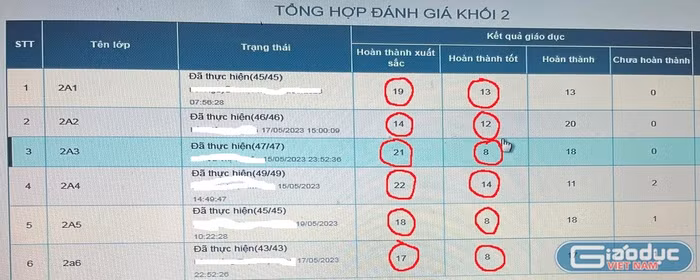 Một bảng tổng hợp đánh giá học sinh khối 2.