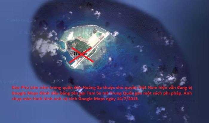 Ảnh chụp màn hình hình ảnh đảo Phú Lâm trong quần đảo Hoàng Sa thuộc chủ quyền Việt Nam trên Google Maps ngày 14/7/2015 trong đó Google vẫn dùng tên "Tam Sa" mà Trung Quốc gán trái phép để chú thích. Ảnh chụp màn hình hình ảnh đảo Phú Lâm trong quần đảo Hoàng Sa thuộc chủ quyền Việt Nam trên Google Maps ngày 14/7/2015 trong đó Google vẫn dùng tên "Tam Sa" mà Trung Quốc gán trái phép để chú thích.