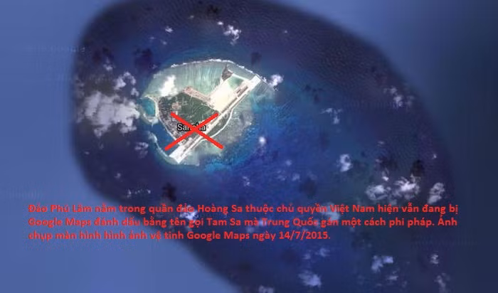 Ảnh chụp màn hình hình ảnh đảo Phú Lâm trong quần đảo Hoàng Sa thuộc chủ quyền Việt Nam trên Google Maps ngày 14/7/2015 trong đó Google vẫn dùng tên "Tam Sa" mà Trung Quốc gán trái phép để chú thích.