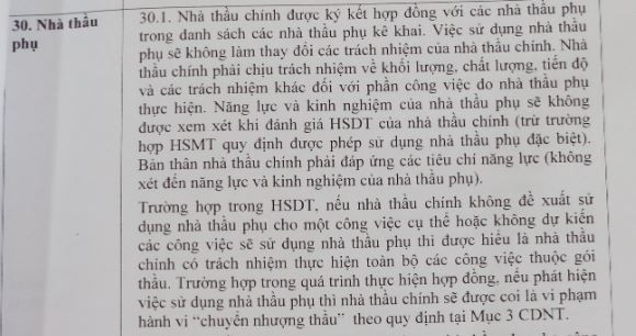Ảnh chụp một phần trang 16, mục 30. Nhà thầu phụ, Hồ sơ mời thầu của Sở Giáo dục và Đào tạo Hà Nội. Ảnh chụp một phần trang 16, mục 30. Nhà thầu phụ, Hồ sơ mời thầu của Sở Giáo dục và Đào tạo Hà Nội.