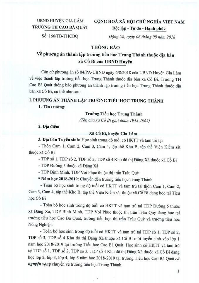 Thông báo của trường Cao Bá Quát khiến nhiều người dân bức xúc. (Ảnh: LC) Thông báo của trường Cao Bá Quát khiến nhiều người dân bức xúc. (Ảnh: LC)