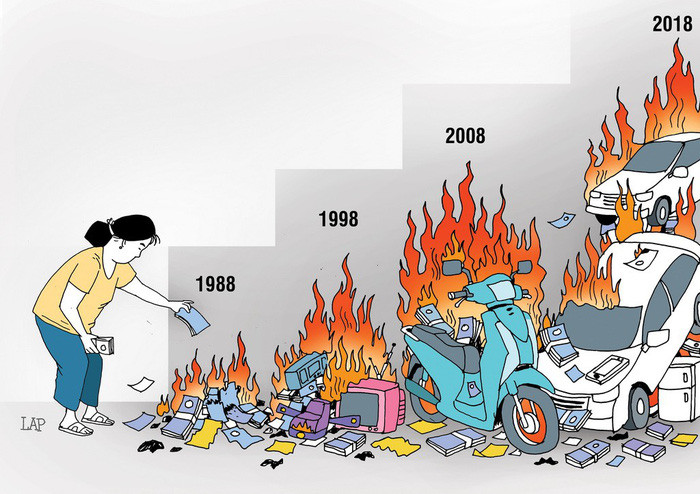 Mức độ đốt mã của người Việt tăng dần trong những năm gần đây. (Tranh minh họa: họa sĩ LAP) Mức độ đốt mã của người Việt tăng dần trong những năm gần đây. (Tranh minh họa: họa sĩ LAP)