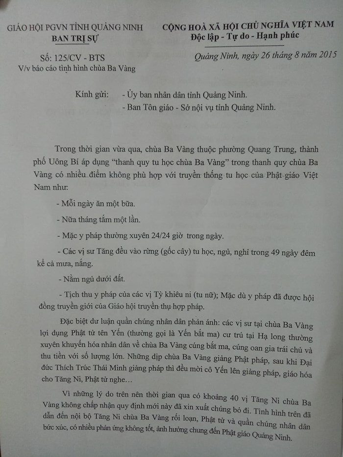 Báo cáo của Giáo hội Phật giáo Việt Nam Tỉnh Quảng Ninh về "Thanh Quy tu học chùa Ba Vàng" Báo cáo của Giáo hội Phật giáo Việt Nam Tỉnh Quảng Ninh về "Thanh Quy tu học chùa Ba Vàng"