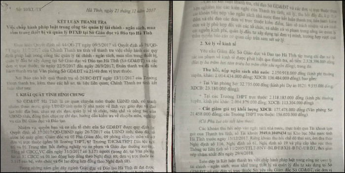 Văn bản kết luận thanh tra Sở Giáo dục và Đào tạo Hà Tĩnh. (Ảnh: LC) Văn bản kết luận thanh tra Sở Giáo dục và Đào tạo Hà Tĩnh. (Ảnh: LC)