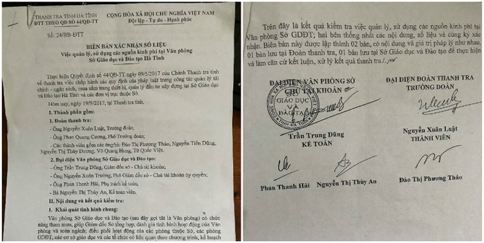 Biên bản xác nhận số liệu của Thanh tra tỉnh Hà Tĩnh. (Ảnh: LC) Biên bản xác nhận số liệu của Thanh tra tỉnh Hà Tĩnh. (Ảnh: LC)