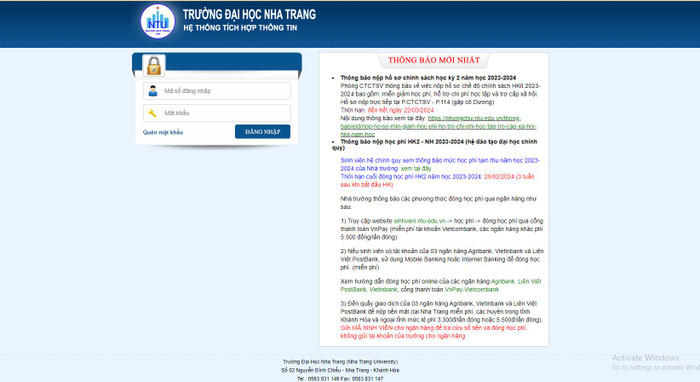 Hệ thống tích hợp thông tin quản lý dữ liệu sinh viên của Trường Đại học Nha Trang. Ảnh chụp màn hình đh-nt.JPG