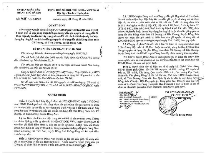 Quyết định số 4655/QĐ-UBND về việc hủy quyết định công nhận kết quả trúng đấu giá quyền sử dụng đất để thực hiện dự án Xây dựng hạ tầng kỹ thuật khu đấu giá quyền sử dụng đất ở phía Đông Nam thôn Cổ Dương, xã Tiên Dương, huyện Đông Anh. Ảnh chụp màn hình
