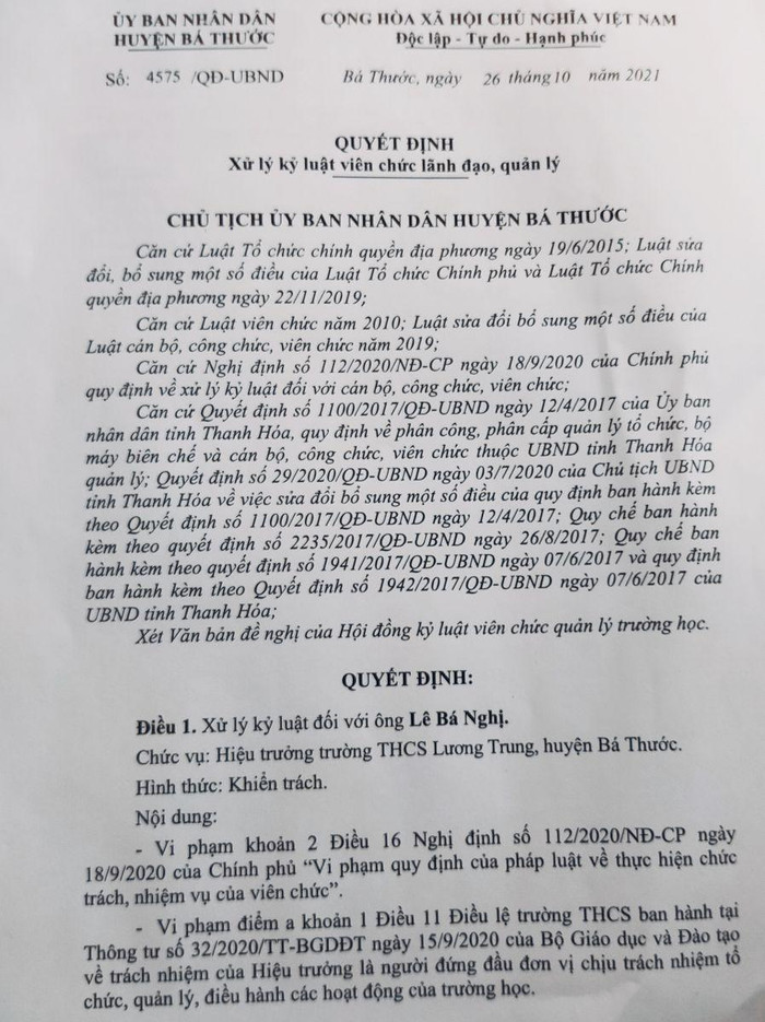 Quyết định kỷ luật của Hủy ban nhân dân dân huyện Bá Thước. Ảnh: NVCC Quyết định kỷ luật của Hủy ban nhân dân dân huyện Bá Thước. Ảnh: NVCC