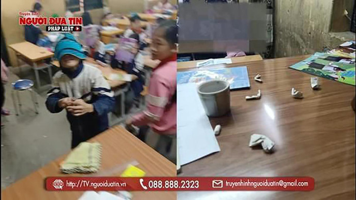 Hình ảnh học sinh tụm năm tụm ba làm việc riêng trong giờ học của cô Tuất. Ảnh cắt từ clip. Hình ảnh học sinh tụm năm tụm ba làm việc riêng trong giờ học của cô Tuất. Ảnh cắt từ clip.