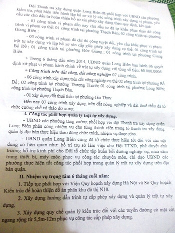 Báo cáo của UBND quận Long Biên cho thấy mới 06 tháng đầu năm 2013 nhưng có đến 14 công trình xây dựng sai phép, không phép, xây dựng trên đất nông nghiệp, đất công. Báo cáo của UBND quận Long Biên cho thấy mới 06 tháng đầu năm 2013 nhưng có đến 14 công trình xây dựng sai phép, không phép, xây dựng trên đất nông nghiệp, đất công.
