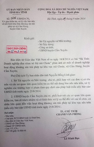 UBND tỉnh Hà Tĩnh chỉ đạo xử lý nghiêm tổ chức và cá nhân liên quan sau khi Báo điện tử Giáo dục Việt Nam có bài phản ánh. UBND tỉnh Hà Tĩnh chỉ đạo xử lý nghiêm tổ chức và cá nhân liên quan sau khi Báo điện tử Giáo dục Việt Nam có bài phản ánh.