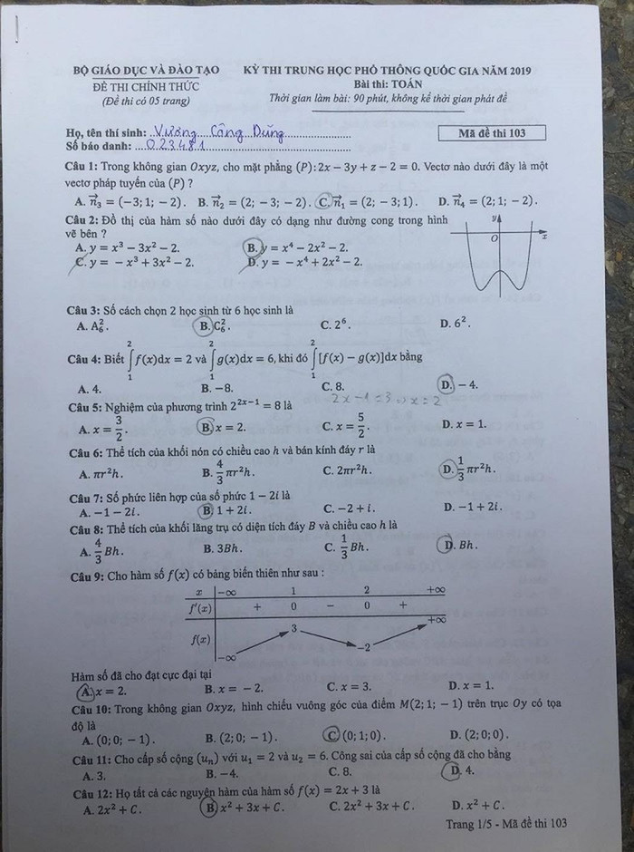 Ảnh đề thi Toán học mã đề 103. Ảnh: Thùy Linh