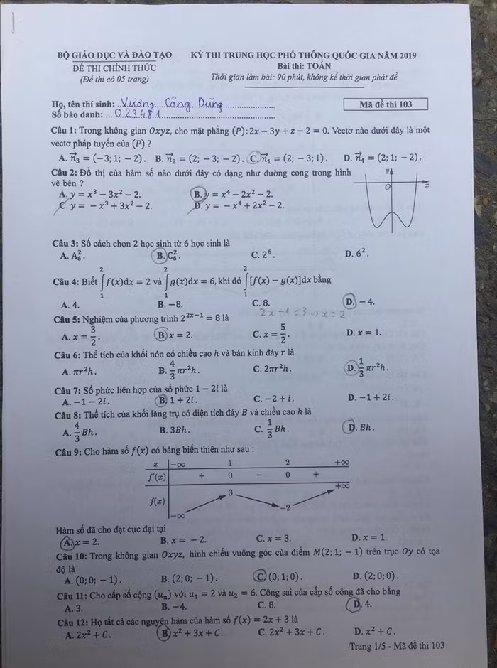 Ảnh đề thi Toán học mã đề 103. Ảnh: Thùy Linh Ảnh đề thi Toán học mã đề 103. Ảnh: Thùy Linh