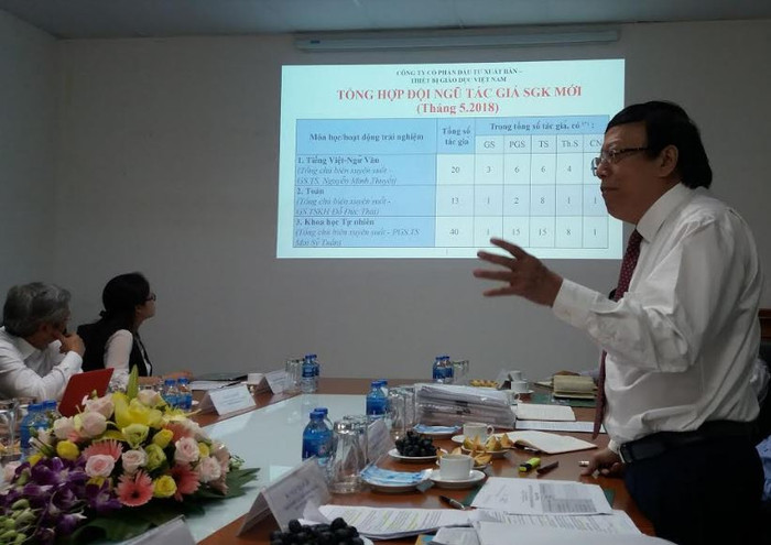 Ông Ngô Trần Ái - Chủ tịch Hội đồng quản trị công ty VEPIC giới thiệu với Đoàn giám sát danh sách Tổng chủ biên, một số chủ biên của Bộ Giáo dục và Đào tạo đã đầu quân cho công ty này khi đang đảm đương công việc dự án. Ảnh: GDVN. Ông Ngô Trần Ái - Chủ tịch Hội đồng quản trị công ty VEPIC giới thiệu với Đoàn giám sát danh sách Tổng chủ biên, một số chủ biên của Bộ Giáo dục và Đào tạo đã đầu quân cho công ty này khi đang đảm đương công việc dự án. Ảnh: GDVN.