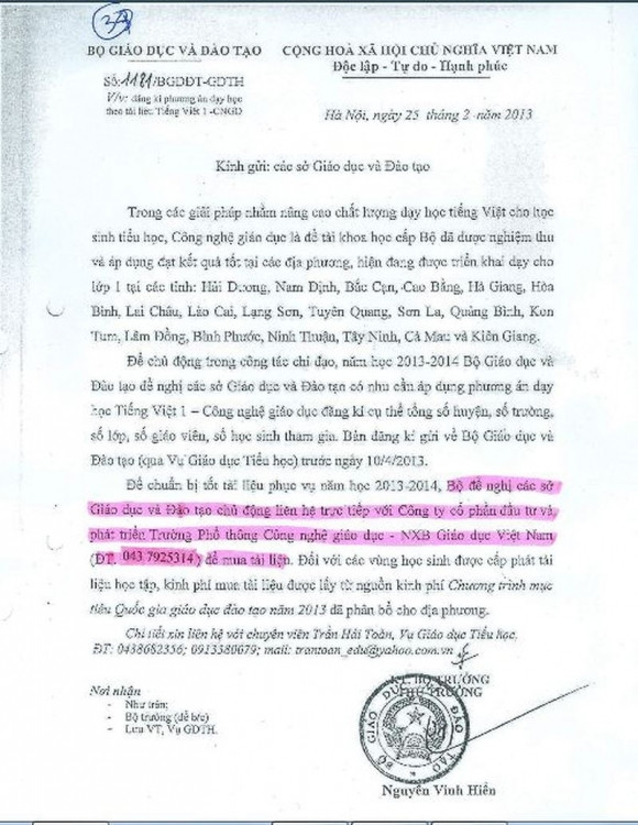 Một trong số các công văn Thứ trưởng Nguyễn Vinh Hiển ký, hướng dẫn các sở đăng ký mua sách với Công ty Cổ phần đầu tư và phát triển trường phổ thông công nghệ giáo dục. Một trong số các công văn Thứ trưởng Nguyễn Vinh Hiển ký, hướng dẫn các sở đăng ký mua sách với Công ty Cổ phần đầu tư và phát triển trường phổ thông công nghệ giáo dục.