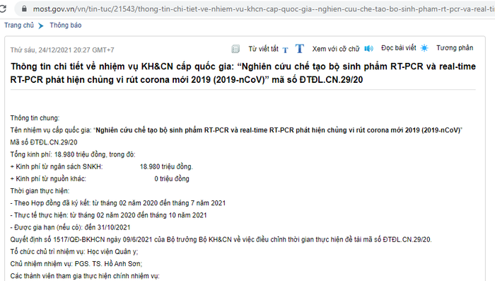 Thông tin về nhiệm vụ được đăng tải trên Cổng thông tin Bộ Khoa học và Công nghệ.