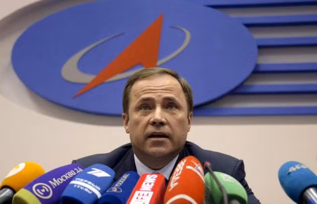 Ông Igor Komarov, lãnh đạo cơ quan hàng không vũ trụ Nga trong buổi họp báo vụ phi thuyền biến mất.