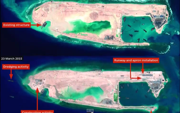 Trung Quốc không chỉ biến bãi đá Chữ Thập thành một đảo nổi bất hợp pháp, mà một đường băng quân sự 3000 mét đã hình thành cùng cơ sở hạ tầng quân sự.