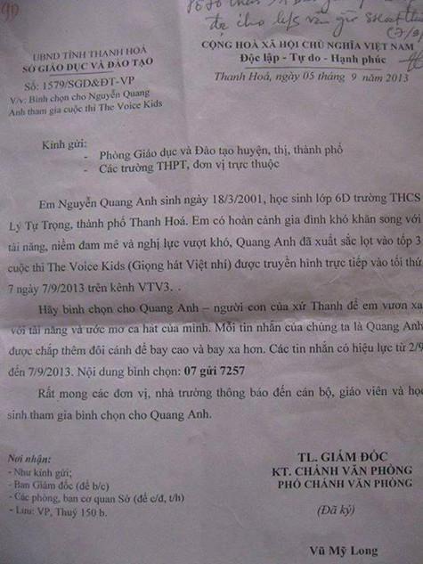 Công văn kêu gọi bình chọn cho Quang Anh của ban lãnh đạo địa phương Công văn kêu gọi bình chọn cho Quang Anh của ban lãnh đạo địa phương