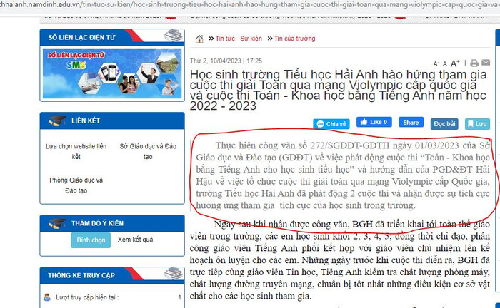 Một bài viết đăng trên website của trường Tiểu học Hải Anh (huyện Hải Hậu, tỉnh Nam Định). Ảnh chụp màn hình website