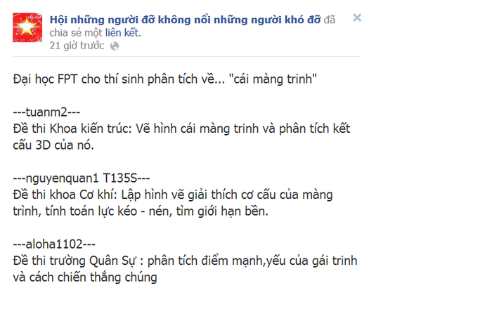 Tại các forum, nhiều bạn trẻ đang "nhại” lại đề thi của Trường Đại học FPT bằng cách đưa ra nhiều đề thi "liên quan" tại những trường Đại học khác nhau