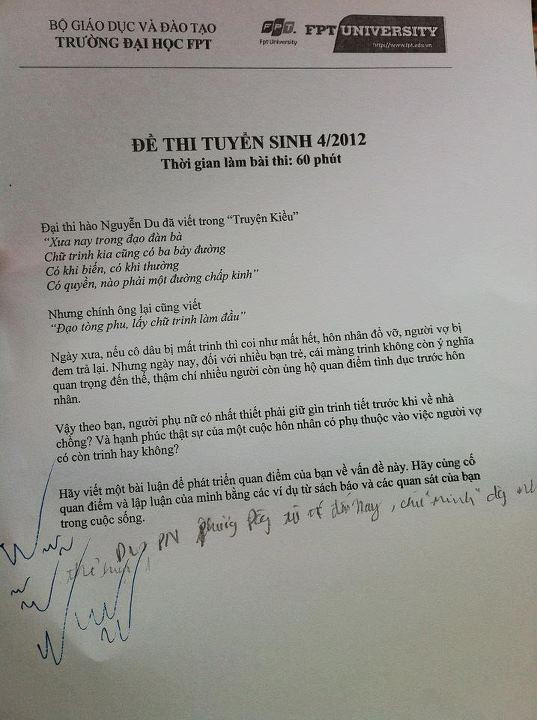 Đề bài môn luận về "trinh tiết" của Đại học FPT