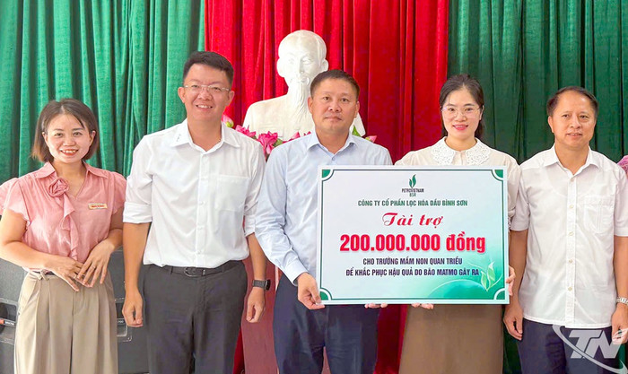 Lãnh đạo Công ty Cổ phần Lọc hóa dầu Bình Sơn trao số tiền hỗ trợ 200 triệu đồng cho Trường Mầm non Quan Triều. Lãnh đạo Công ty Cổ phần Lọc hóa dầu Bình Sơn trao số tiền hỗ trợ 200 triệu đồng cho Trường Mầm non Quan Triều.