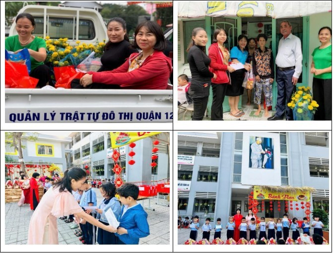 Cô Thanh Thảo (áo đen) cùng cô hiệu trưởng và đồng nghiệp tham gia các hoạt động thiện nguyện. cogiao.jpg