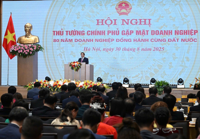 Thủ tướng Phạm Minh Chính phát biểu tại Hội nghị gặp mặt doanh nghiệp với chủ đề "80 năm doanh nghiệp đồng hành cùng đất nước". pvn1.jpg