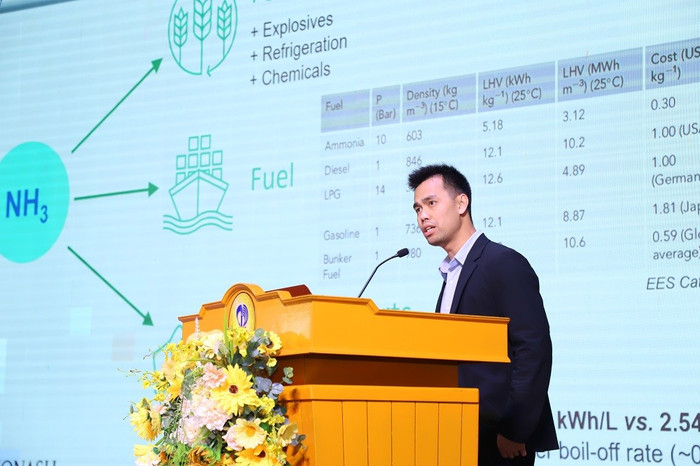 Tiến sĩ Dư Hoàng Long đem những nghiên cứu đột phá trong sản xuất amoniac, phát triển giải pháp năng lượng sạch tới hội thảo InnovaConnect. Ảnh: BTC. anh-3.jpg