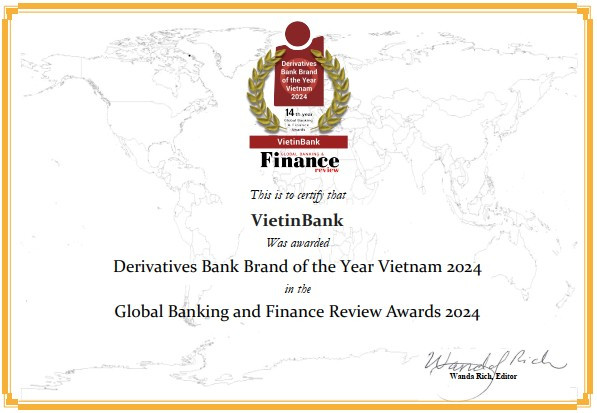 Global Banking & Finance Review vinh danh VietinBank hạng mục “Ngân hàng cung ứng sản phẩm phái sinh tốt nhất Việt Nam năm 2024” Global Banking & Finance Review vinh danh VietinBank hạng mục “Ngân hàng cung ứng sản phẩm phái sinh tốt nhất Việt Nam năm 2024”