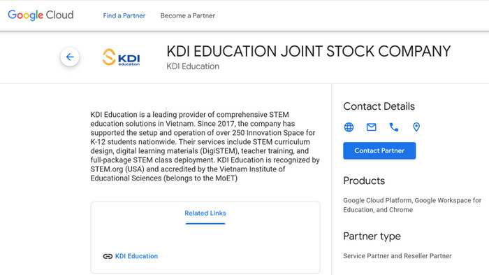 Thông tin chính thức về KDI Education tại trang đối tác của Google Cloud. kdi-edu-partner.png