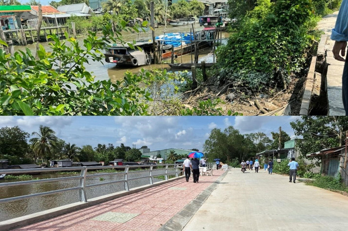 Công trình bờ kè xã Hội Cư đã thay đổi ngoạn mục (ảnh công trình trước và sau khi được VietinBank hỗ trợ cải tạo).