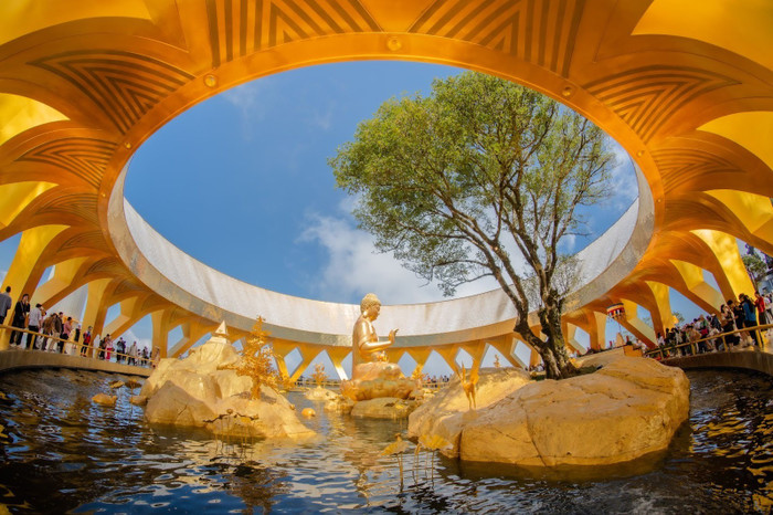 Cây sung cổ thụ tỏa bóng bên tôn tượng, gợi tích xưa về hành trình giác ngộ dưới gốc cây Ưu đàm.