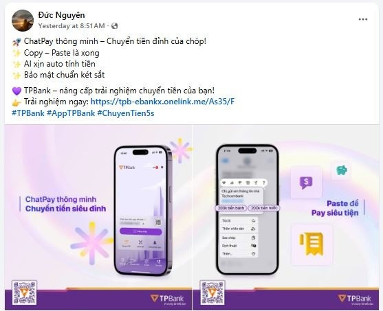 Công nghệ trí tuệ nhân tạo cập nhật hiện nay trên App TPBank cũng tự động học hỏi từng cái chạm, từng thói quen để ghi nhớ hành vi người dùng, từ đó tự động gợi ý tiện ích phù hợp, giúp thao tác nhanh hơn, trải nghiệm “mượt” hơn và mang lại sự hài lòng cho mỗi người dùng.