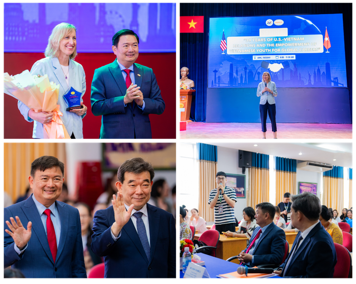 Bà Susan Burns, Tổng Lãnh sự Hoa Kỳ tại Thành phố Hồ Chí Minh, chia sẻ với sinh viên HUFLIT về quan hệ Việt – Mỹ và hội nhập quốc tế (ảnh trên). Sinh viên đối thoại trực tiếp cùng Ông Shin Choong Il - Tổng Lãnh sự Hàn Quốc tại Thành phố Hồ Chí Minh (ảnh dưới). Bà Susan Burns, Tổng Lãnh sự Hoa Kỳ tại Thành phố Hồ Chí Minh, chia sẻ với sinh viên HUFLIT về quan hệ Việt – Mỹ và hội nhập quốc tế (ảnh trên). Sinh viên đối thoại trực tiếp cùng Ông Shin Choong Il - Tổng Lãnh sự Hàn Quốc tại Thành phố Hồ Chí Minh (ảnh dưới).