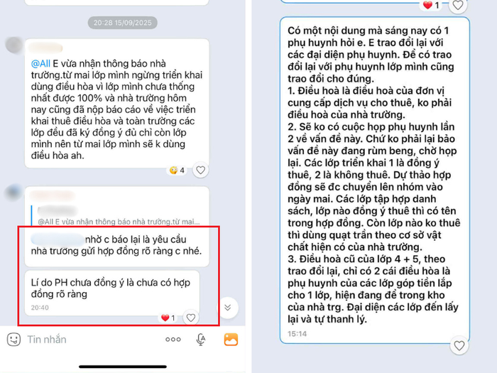 Nội dung tin nhắn về việc hội phụ huynh lớp chưa đồng ý thuê điều hòa do không có thông tin hợp đồng rõ ràng tới phụ huynh. Ảnh do phụ huynh cung cấp. tin-nhan-ph-thue-dieu-hoa-th-dong-du.png