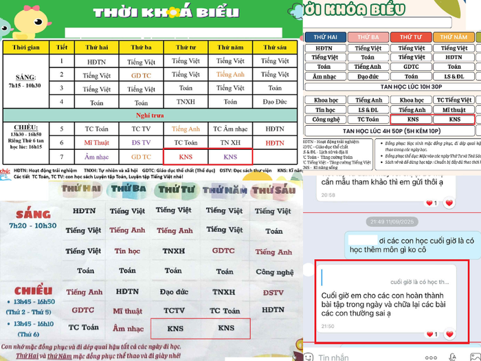 Thời khóa biểu một số lớp được phụ huynh cung cấp và tin nhắn của giáo viên trả lời thắc mắc của phụ huynh. Ảnh do phụ huynh cung cấp. tkb-kns.png
