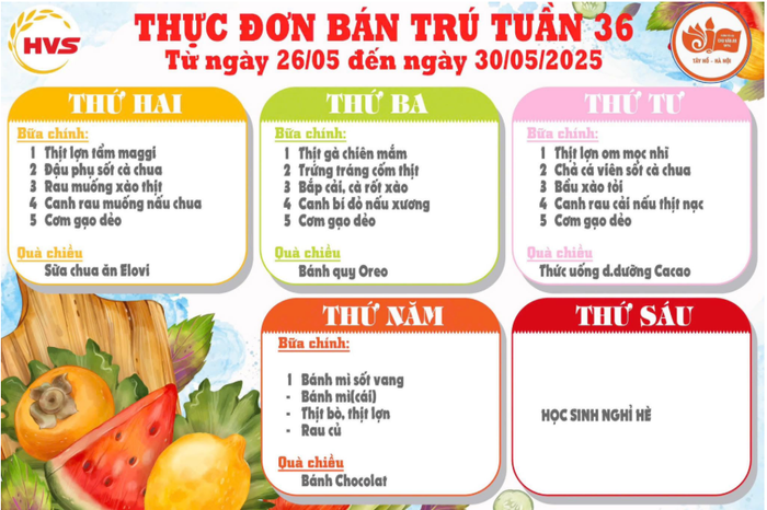 Trường Tiểu học Chu Văn An (Hà Nội) chia sẻ thực đơn theo tuần trên website của nhà trường để phụ huynh, học sinh tiện theo dõi. Ảnh: Website nhà trường Trường Tiểu học Chu Văn An (Hà Nội) chia sẻ thực đơn theo tuần trên website của nhà trường để phụ huynh, học sinh tiện theo dõi. Ảnh: Website nhà trường