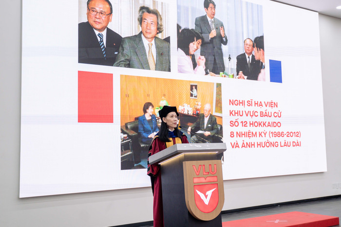 Phó Giáo sư, Tiến sĩ Trần Thị Mỹ Diệu – Hiệu trưởng Trường Đại học Văn Lang phát biểu tại buổi lễ.